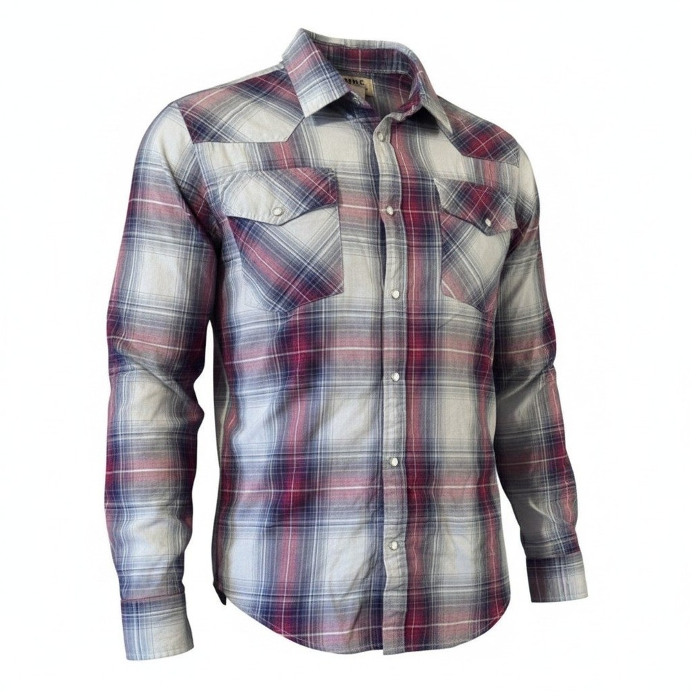 Duke Haband Mens XL Western Pearl Snap Shirt‎ Plaid Blue Red Cotton 1B6